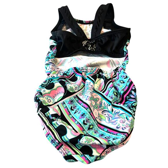 SNOWFLAKE RACERBACK & SPLITBACK GYMNAST, DANCE LEOTARD-CHILD S-MULTICLR-BLK TRIM - Picture 6 of 9